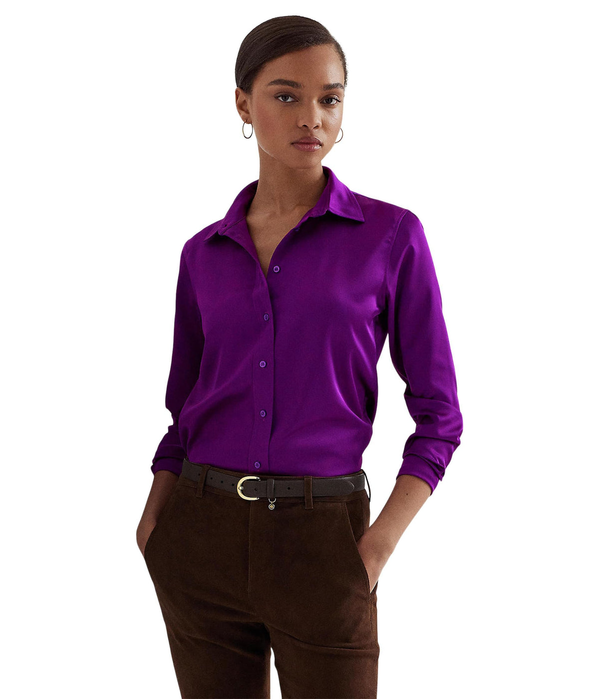 Lauren Ralph Lauren Women's Satin Charmeuse Shirt Purple Agate S