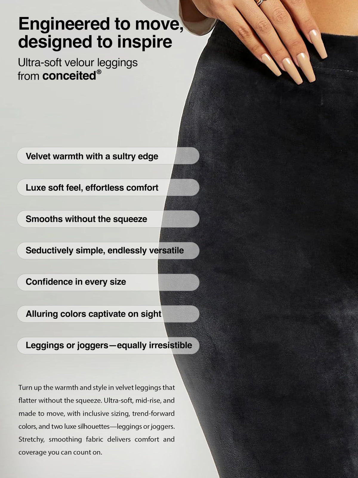 Conceited Velvet Leggings for Women - Soft Warm Velour Pants - Charcoal Grey - Small