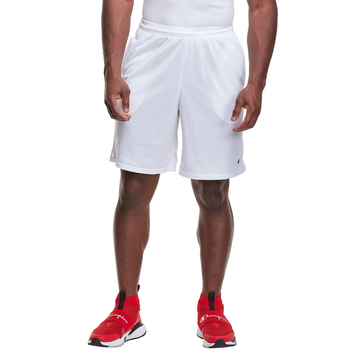 Champion Men's 9" Classic Mesh Short, Standard Fit, Lightweight, Available in Regular and Big & Tall, White-C Patch Logo, Medium