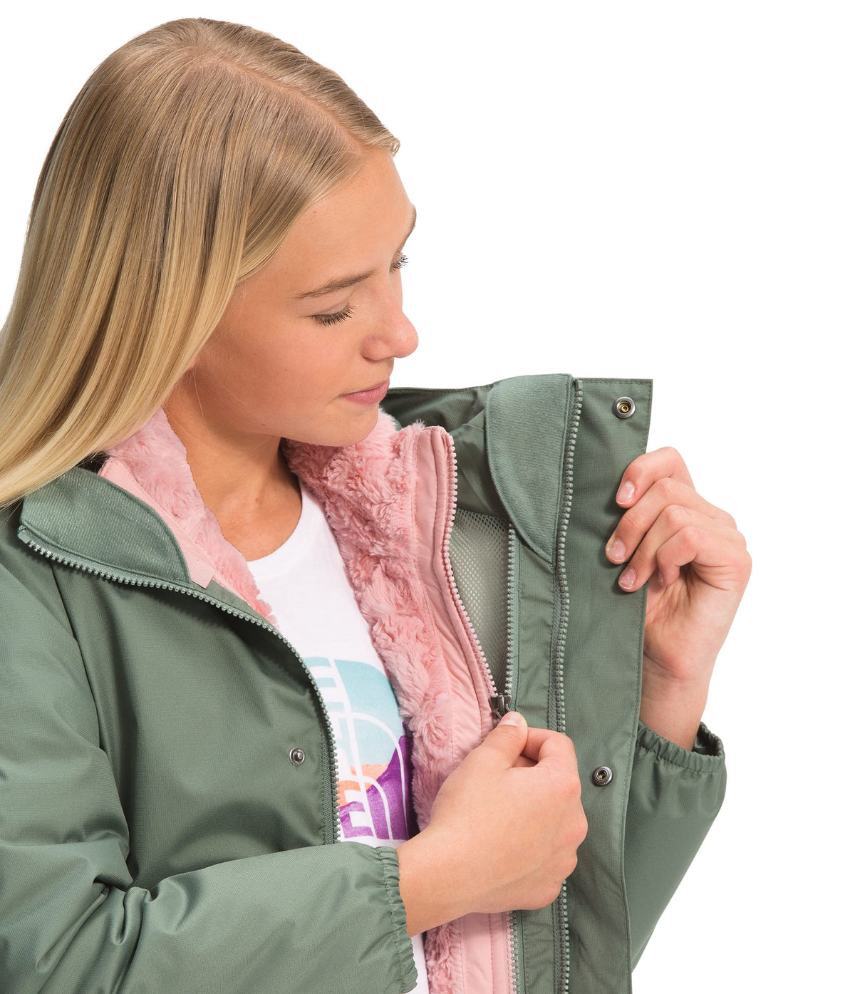 THE NORTH FACE Girls' Reversible Mossbud Swirl Jacket, Peach Pink, X-Large