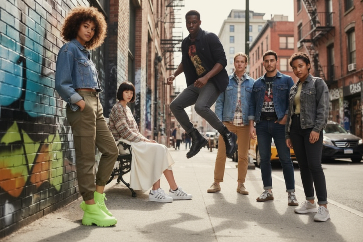 a group of young women and men modeling shoes in the streets